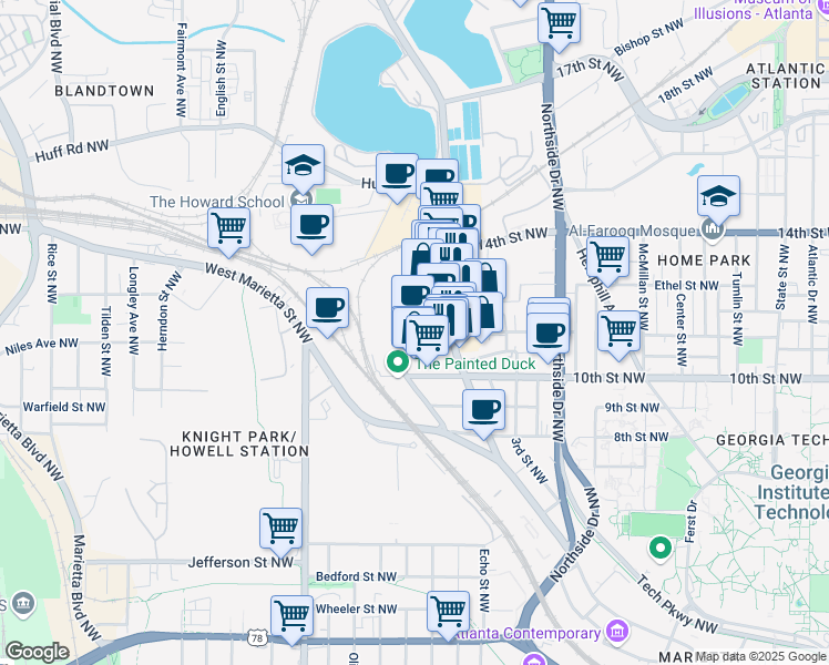 map of restaurants, bars, coffee shops, grocery stores, and more near 1050 Howell Mill Road Northwest in Atlanta