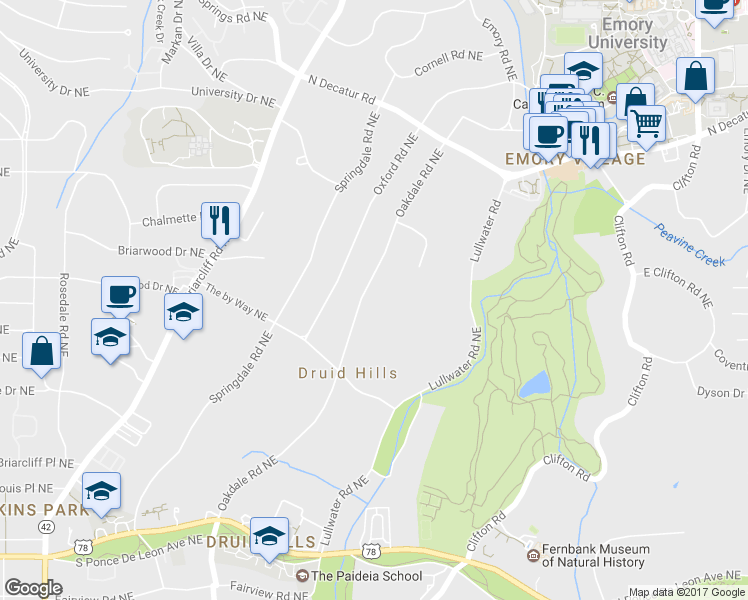 map of restaurants, bars, coffee shops, grocery stores, and more near 1047 Oakdale Road Northeast in Atlanta