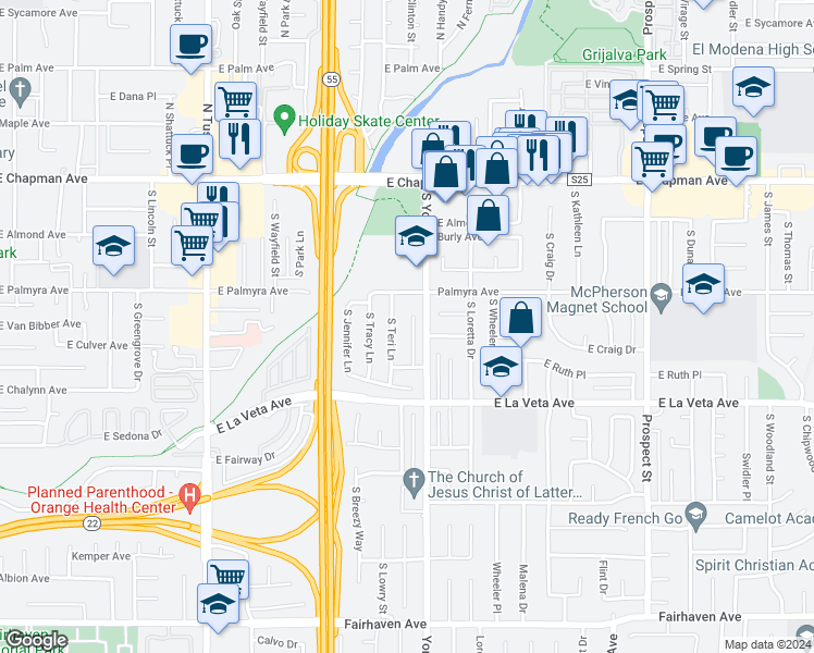 map of restaurants, bars, coffee shops, grocery stores, and more near 356 South Carole Lane in Orange
