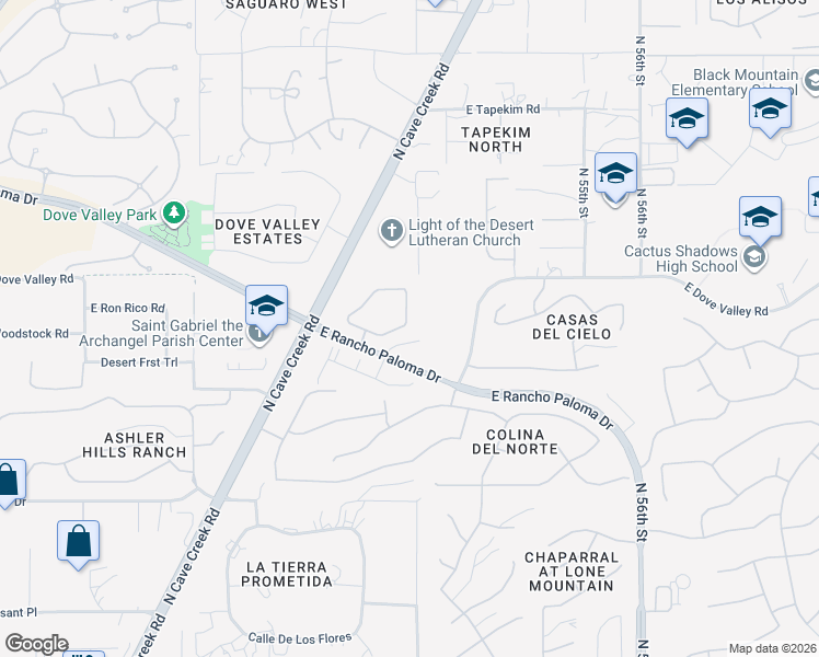 map of restaurants, bars, coffee shops, grocery stores, and more near 5100 East Rancho Paloma Parkway in Cave Creek