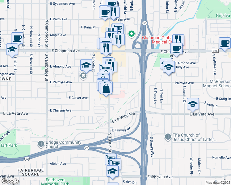 map of restaurants, bars, coffee shops, grocery stores, and more near 353 South Tustin Street in Orange