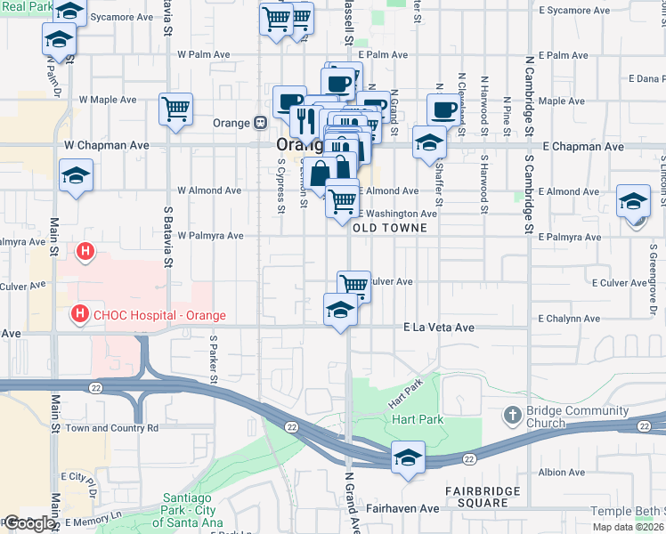 map of restaurants, bars, coffee shops, grocery stores, and more near 368 South Glassell Street in Orange