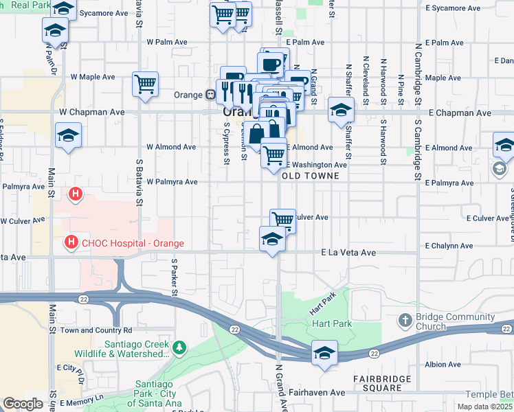 map of restaurants, bars, coffee shops, grocery stores, and more near 367 South Lemon Street in Orange