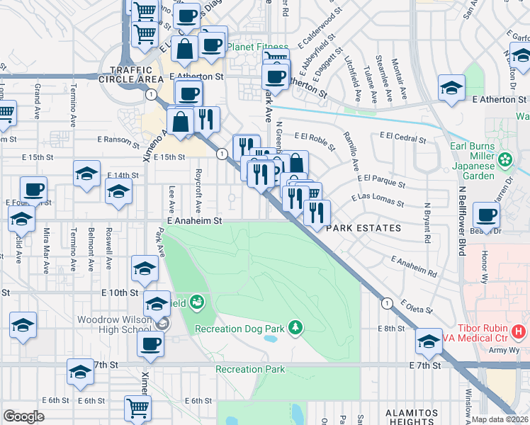 map of restaurants, bars, coffee shops, grocery stores, and more near 1328 Clark Avenue in Long Beach