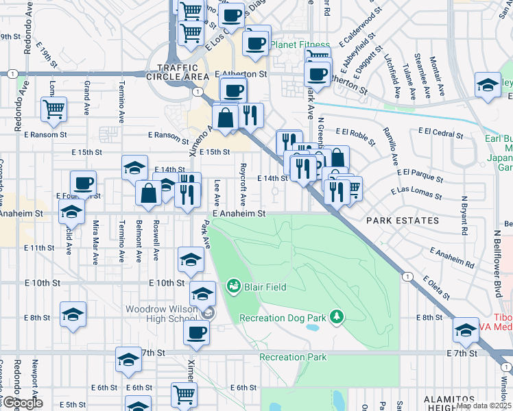 map of restaurants, bars, coffee shops, grocery stores, and more near 1326 Park Avenue in Long Beach