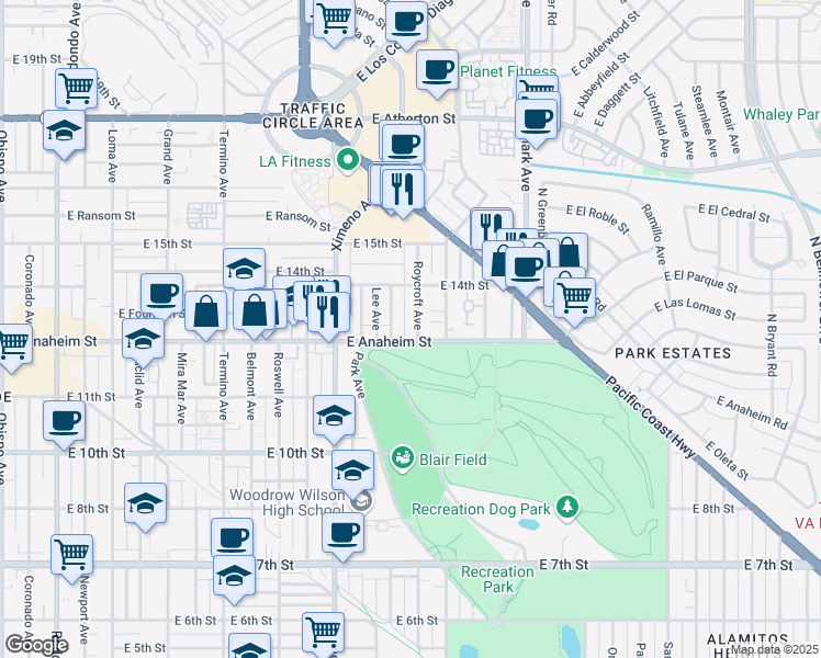 map of restaurants, bars, coffee shops, grocery stores, and more near 1321 Roycroft Avenue in Long Beach