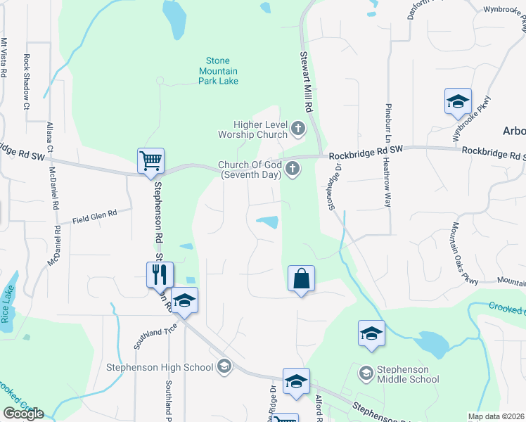 map of restaurants, bars, coffee shops, grocery stores, and more near 6515 Walden Pond Road in Stone Mountain