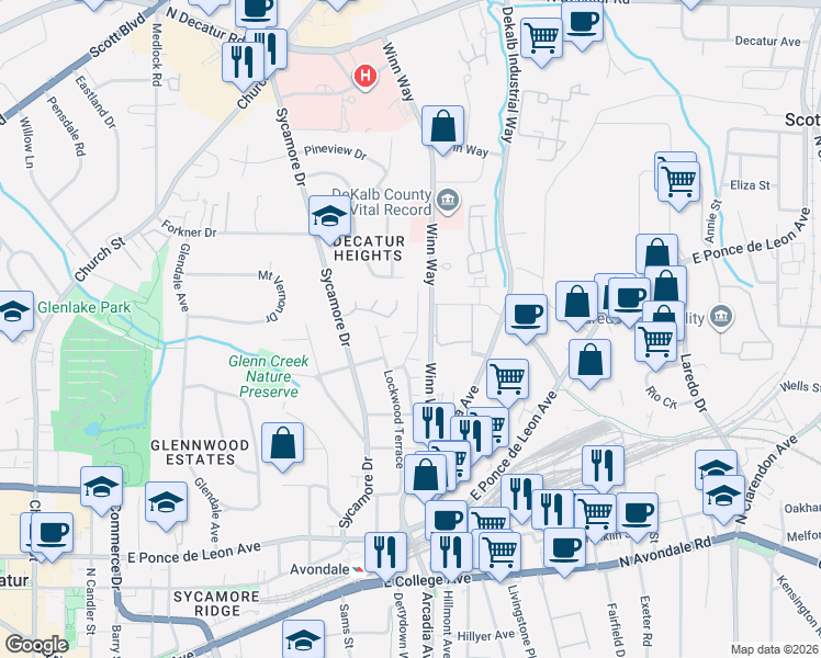 map of restaurants, bars, coffee shops, grocery stores, and more near 5 Grovemont Court in Decatur