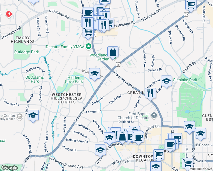 map of restaurants, bars, coffee shops, grocery stores, and more near 767 Scott Boulevard in Decatur
