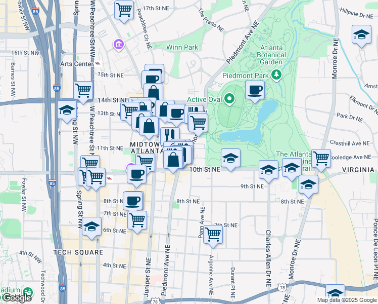map of restaurants, bars, coffee shops, grocery stores, and more near 1041 Piedmont Avenue Northeast in Atlanta