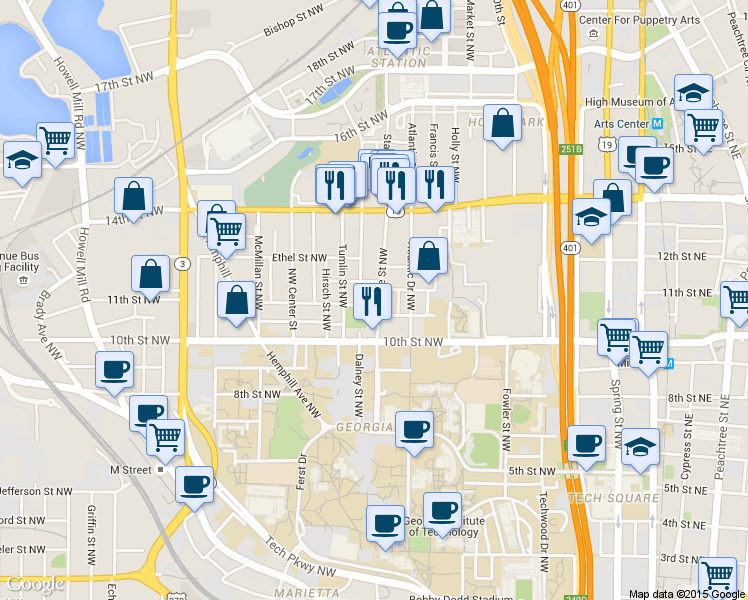 map of restaurants, bars, coffee shops, grocery stores, and more near 1031 State Street Northwest in Atlanta