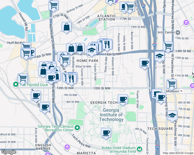 map of restaurants, bars, coffee shops, grocery stores, and more near 1033 Tumlin Street Northwest in Atlanta