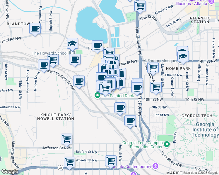 map of restaurants, bars, coffee shops, grocery stores, and more near 1075 Brady Avenue Northwest in Atlanta