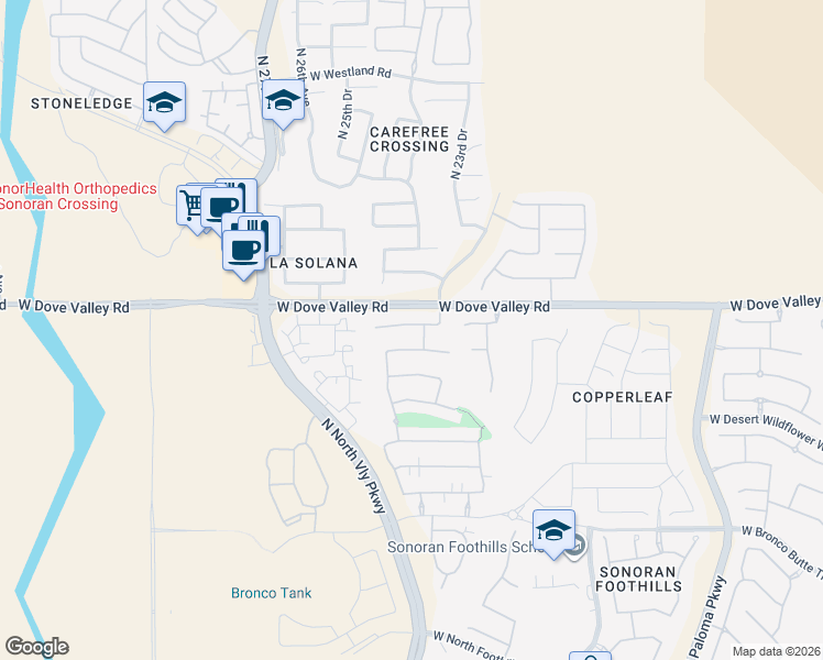 map of restaurants, bars, coffee shops, grocery stores, and more near 2409 West Horsetail Trail in Phoenix