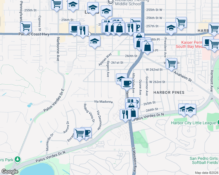 map of restaurants, bars, coffee shops, grocery stores, and more near 26322 Regent Avenue in Lomita