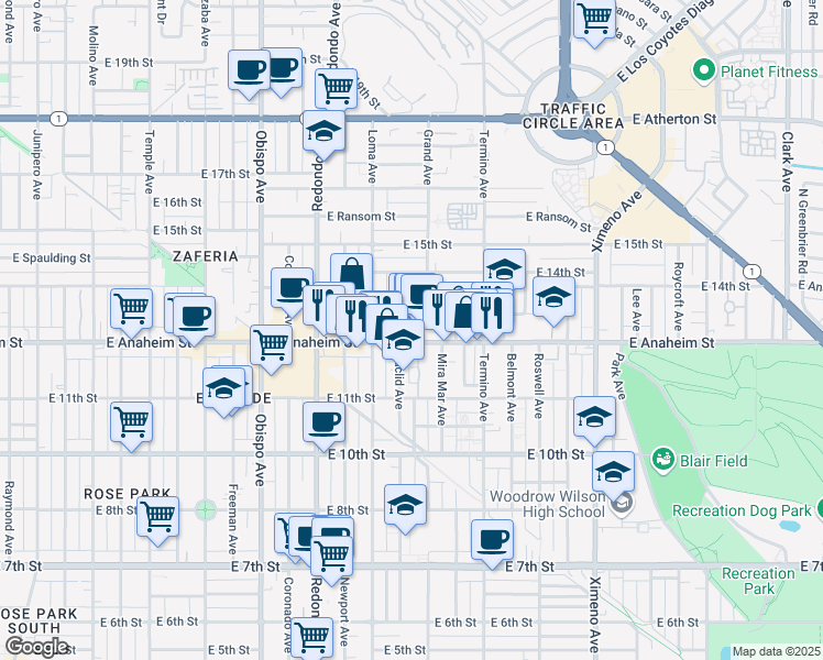 map of restaurants, bars, coffee shops, grocery stores, and more near 3731 East Anaheim Street in Long Beach