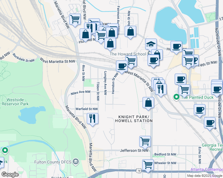 map of restaurants, bars, coffee shops, grocery stores, and more near 1026 Herndon Street Northwest in Atlanta