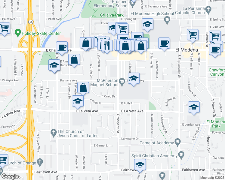 map of restaurants, bars, coffee shops, grocery stores, and more near 362 South Merelet Lane in Orange
