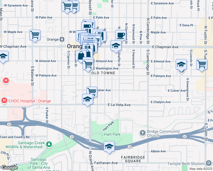 map of restaurants, bars, coffee shops, grocery stores, and more near 365 South Grand Street in Orange