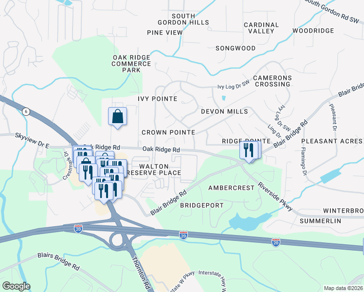 map of restaurants, bars, coffee shops, grocery stores, and more near 7032 Panda Road in Austell