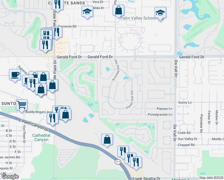map of restaurants, bars, coffee shops, grocery stores, and more near 36554 Avenue Del Sol in Cathedral City