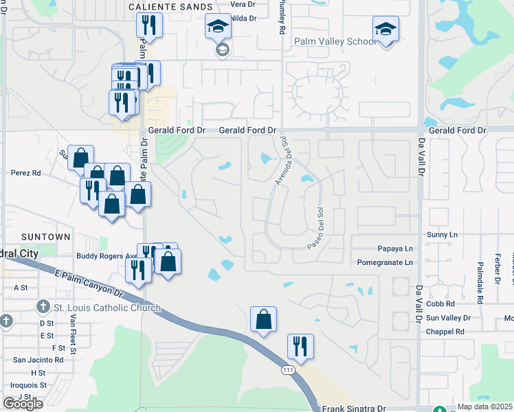 map of restaurants, bars, coffee shops, grocery stores, and more near 36548 Las Begonias in Cathedral City