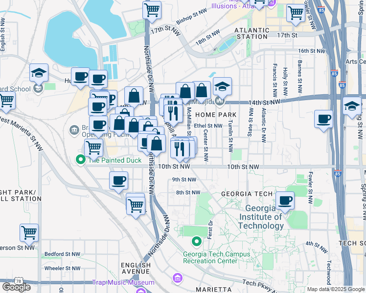 map of restaurants, bars, coffee shops, grocery stores, and more near 1033 Hemphill Avenue Northwest in Atlanta