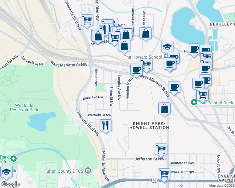 map of restaurants, bars, coffee shops, grocery stores, and more near 1036 Longley Avenue Northwest in Atlanta