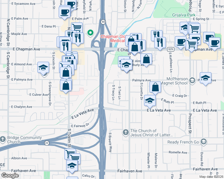 map of restaurants, bars, coffee shops, grocery stores, and more near 368 South Tracy Lane in Orange