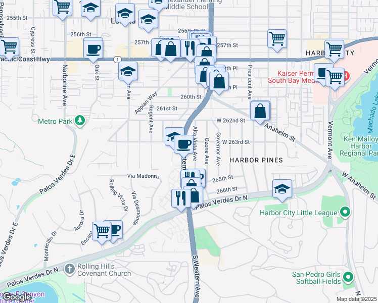 map of restaurants, bars, coffee shops, grocery stores, and more near 26320 South Western Avenue in Lomita