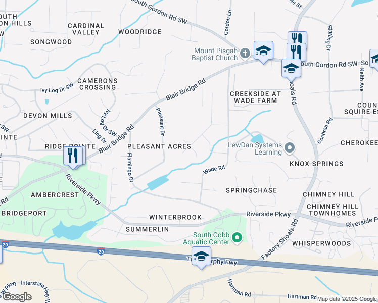 map of restaurants, bars, coffee shops, grocery stores, and more near 6989 Sibyl Drive in Austell