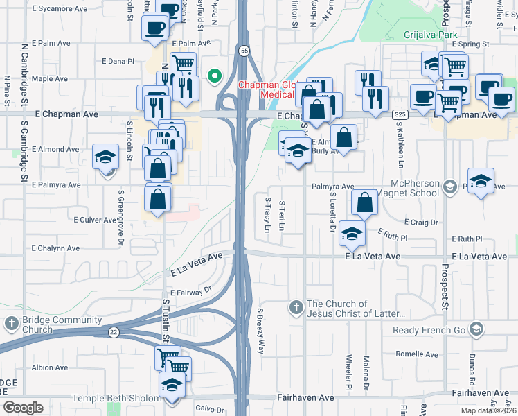 map of restaurants, bars, coffee shops, grocery stores, and more near 369 South Jennifer Lane in Orange