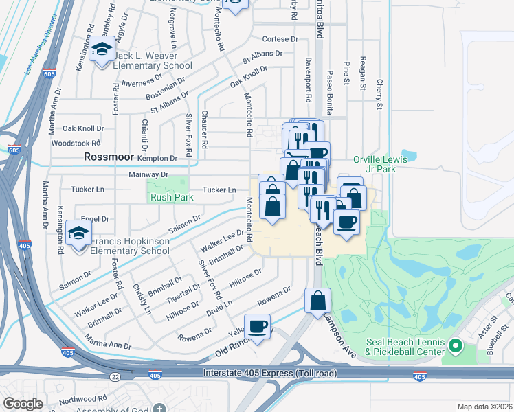 map of restaurants, bars, coffee shops, grocery stores, and more near 12400 Montecito Road in Seal Beach