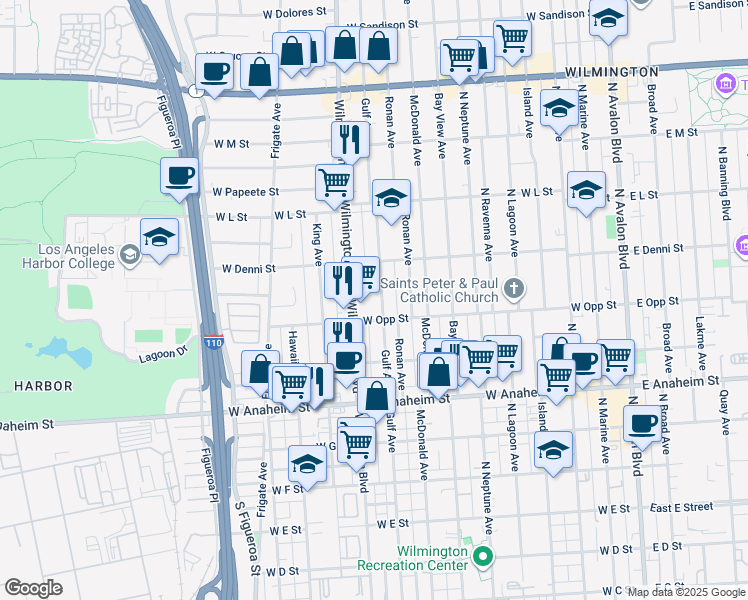 map of restaurants, bars, coffee shops, grocery stores, and more near 1019 Gulf Ave in Los Angeles