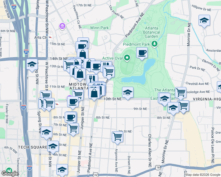 map of restaurants, bars, coffee shops, grocery stores, and more near 273 12th Street Northeast in Atlanta
