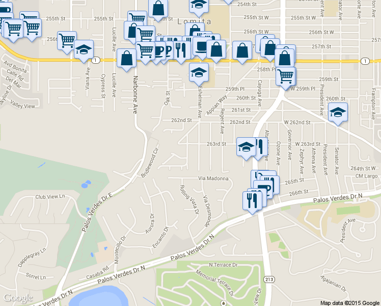 map of restaurants, bars, coffee shops, grocery stores, and more near 26320 Fairview Avenue in Lomita