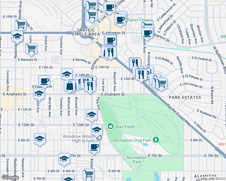 map of restaurants, bars, coffee shops, grocery stores, and more near 1321 Roycroft Avenue in Long Beach