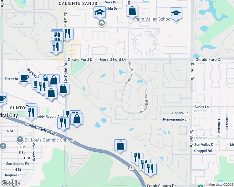 map of restaurants, bars, coffee shops, grocery stores, and more near 36548 Las Begonias in Cathedral City