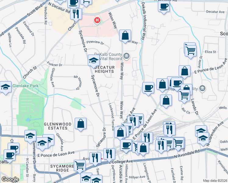 map of restaurants, bars, coffee shops, grocery stores, and more near 5 Grovemont Court in Decatur