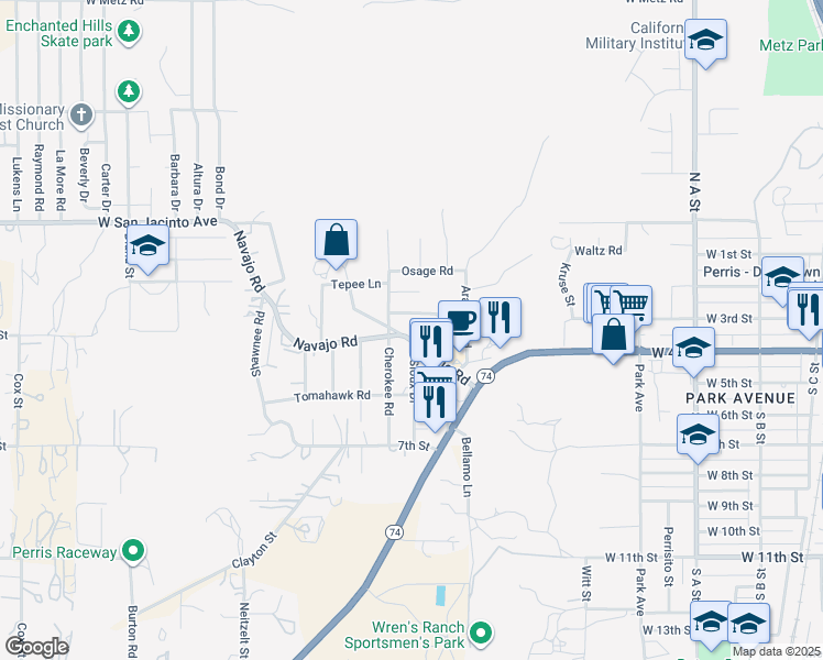 map of restaurants, bars, coffee shops, grocery stores, and more near 906 Navajo Road in Perris
