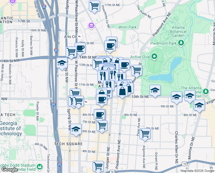 map of restaurants, bars, coffee shops, grocery stores, and more near 11th Street Northeast in Atlanta