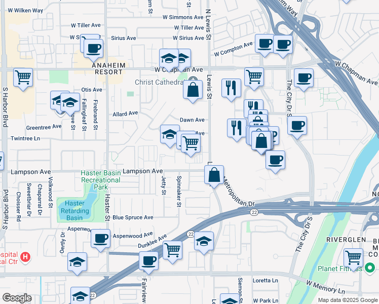 map of restaurants, bars, coffee shops, grocery stores, and more near 12397 South Lewis Street in Garden Grove