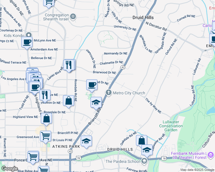 map of restaurants, bars, coffee shops, grocery stores, and more near 1333 Stillwood Drive Northeast in Atlanta