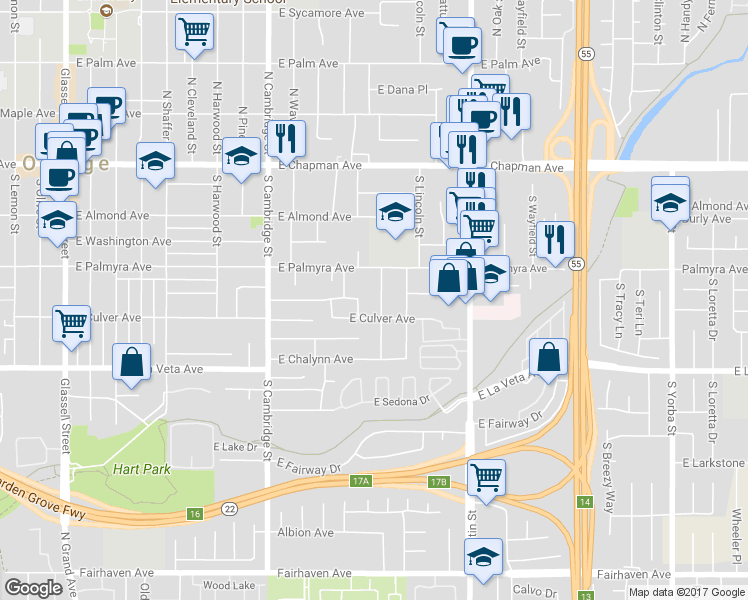 map of restaurants, bars, coffee shops, grocery stores, and more near 364 South California Street in Orange