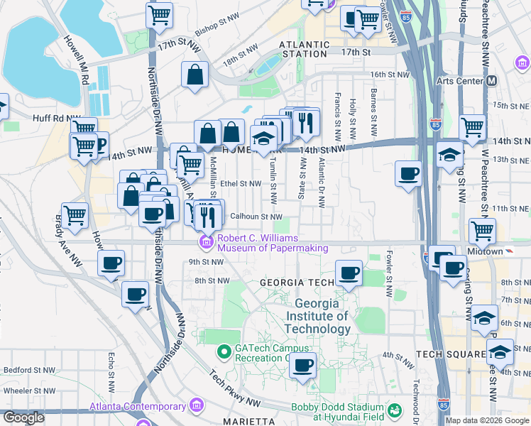 map of restaurants, bars, coffee shops, grocery stores, and more near 1033 Tumlin Street Northwest in Atlanta