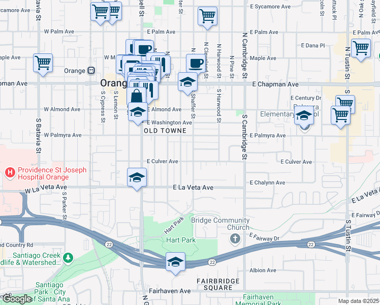 map of restaurants, bars, coffee shops, grocery stores, and more near 368 South Shaffer Street in Orange