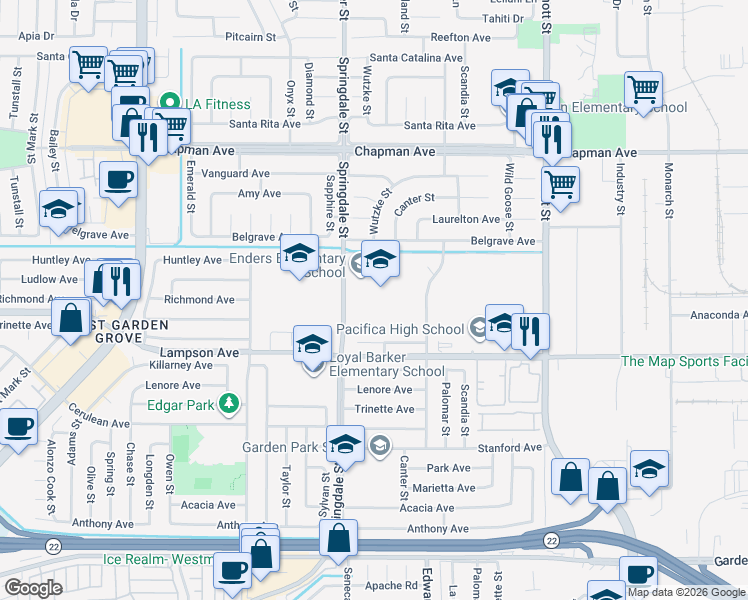 map of restaurants, bars, coffee shops, grocery stores, and more near 12302 Springdale Street in Garden Grove