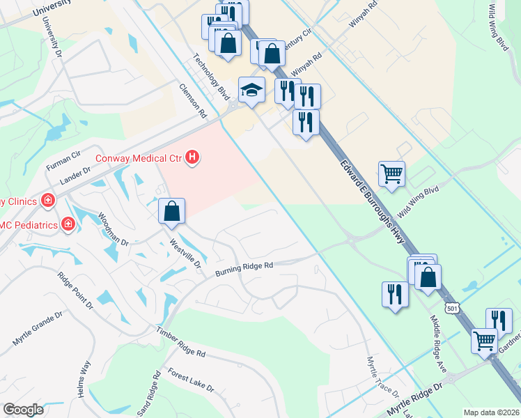 map of restaurants, bars, coffee shops, grocery stores, and more near 237 Candlewood Drive in Conway