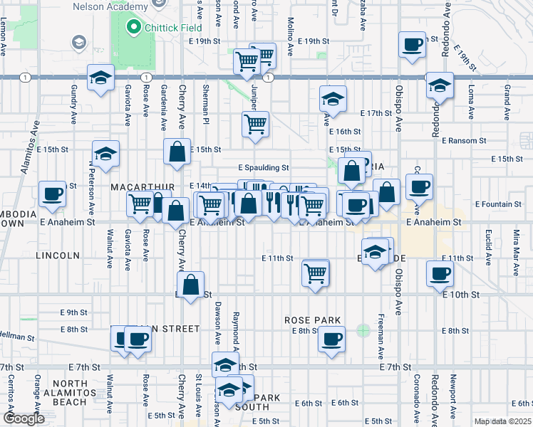 map of restaurants, bars, coffee shops, grocery stores, and more near 2435 East Anaheim Street in Long Beach