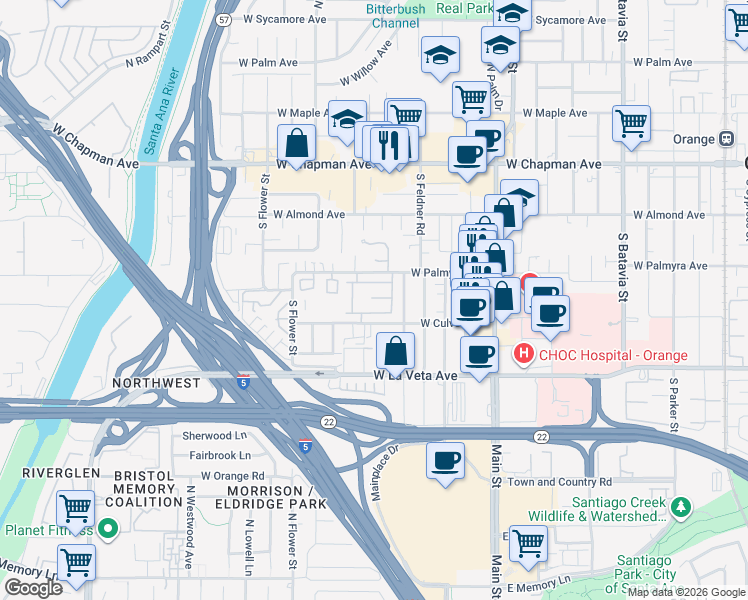 map of restaurants, bars, coffee shops, grocery stores, and more near 1910 West Palmyra Avenue in Orange